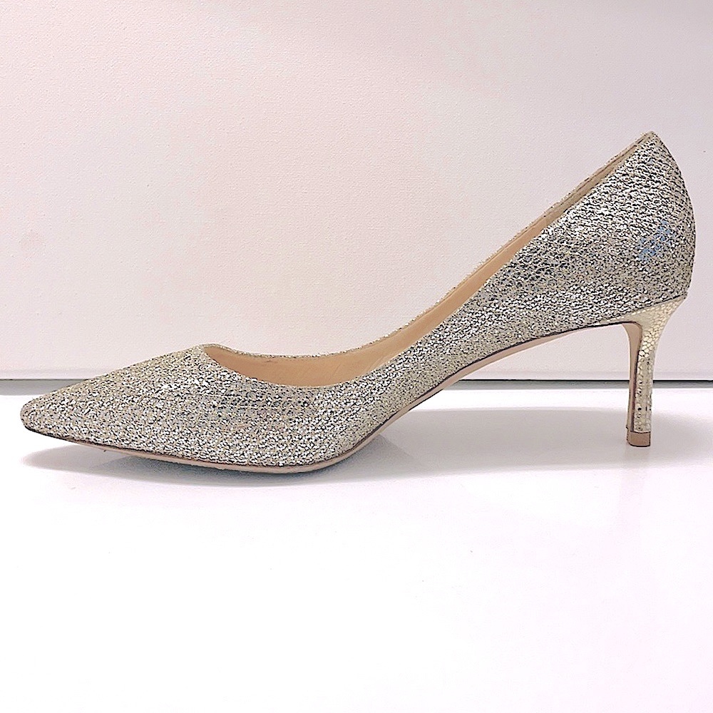 Jimmy Choo Romy Heels Champagne Pointed Toe US 10 EU 40.5 Sequin 2.5 inc…